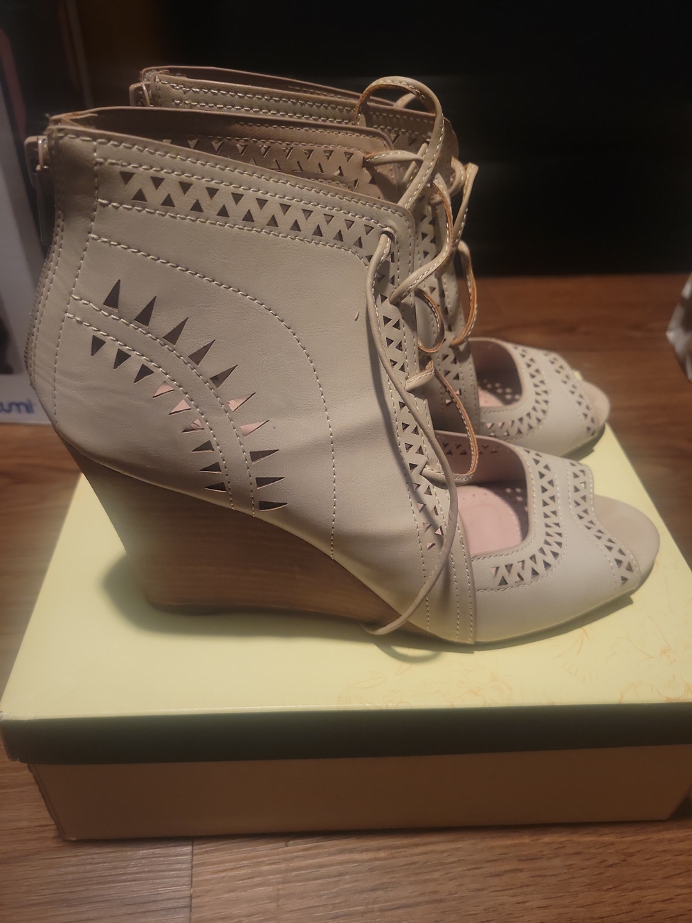 Restricted Beige Lace-Up Peep Toe Wedge Booties Sz 9.5